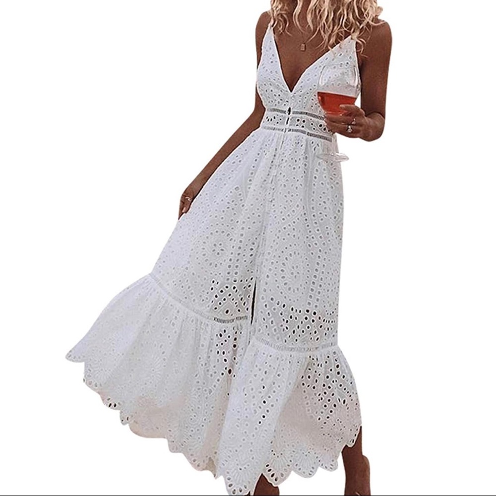 Pearl Button V Neck Spaghetti Strap Maxi Dress